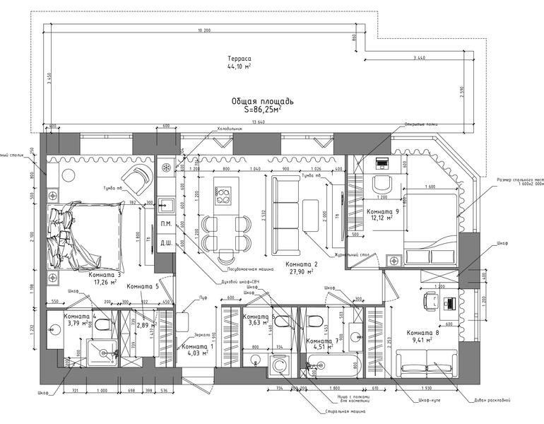 Планировочное решение дизайнерской квартиры в ЖК Д 1 № 419