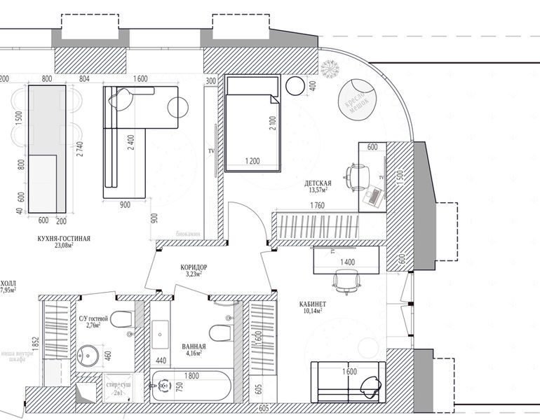 Планировочное решение дизайнерской квартиры в ЖК Д 1  № 3